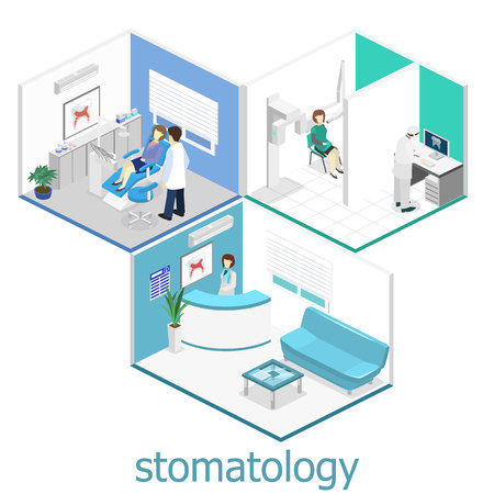 Isometric 3D isolated concept vector cutaway interior of a Dentistry waiting room. Dental Clinic. flat interior of dentist's office, Oral Radiologyのイラスト素材