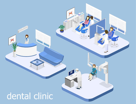 Isometric 3D isolated concept vector cutaway interior of a Dentistry waiting room. Dental Clinic. flat interior of dentist's office, Oral Radiologyのイラスト素材