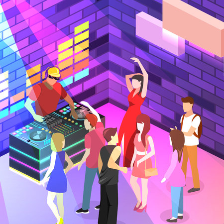Isometric flat 3D isolated concept vector cutaway Bar in the nightclub.. People are dancingのイラスト素材