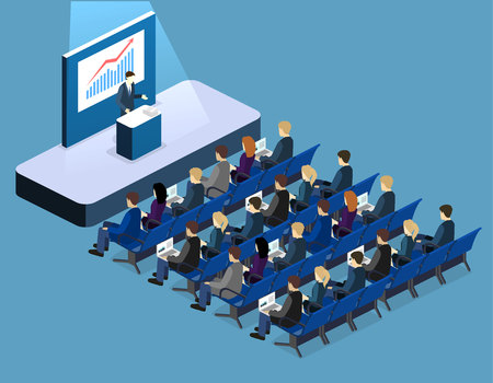 Business meeting in an office Business presentation meeting in conference hall. People listen to speakers. Flat 3D illustration.のイラスト素材