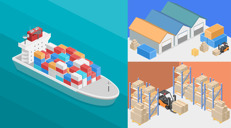 isometric interior of warehouse. The boxes are on the shelves. Flat 3d illustration. River Cargo Boats traveling on water.のイラスト素材