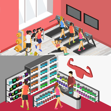 Isometric flat 3D isolated concept vector cutaway interior of Sports supplements. Bodybuilding or gym supplements . Sport and fitness nutrition.のイラスト素材