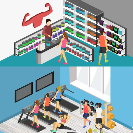 Isometric flat 3D isolated concept vector cutaway interior of Sports supplements. Bodybuilding or gym supplements . Sport and fitness nutrition.のイラスト素材