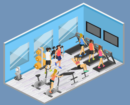 Isometric interior of gym. People involved in sports. Flat 3D vector illustration.のイラスト素材