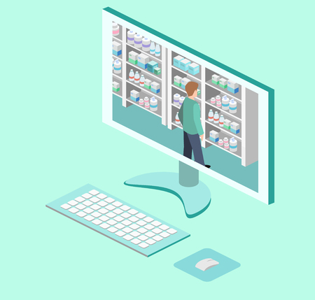 Isometric interior of pharmacy vector illustration.のイラスト素材