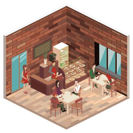Isometric flat 3D isometric design interior cafe or restaurant vector.のイラスト素材