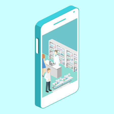 Isometric interior of pharmacy. Flat 3D vector infographic illustration. Mobile technologies. Online purchase of medicines in the pharmacyのイラスト素材