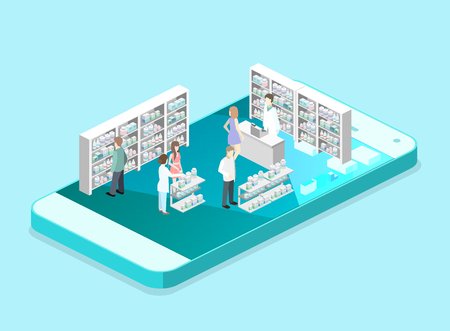 Isometric interior of pharmacy. Flat 3D vector infographic illustrationのイラスト素材