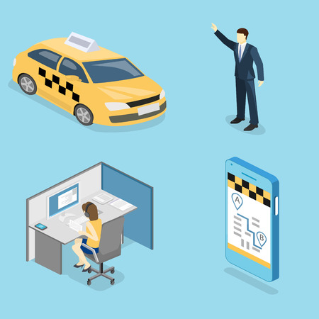 Isometric flat 3D isolated concept vector taxi transport, service. A person calls a taxi through a mobile application.のイラスト素材