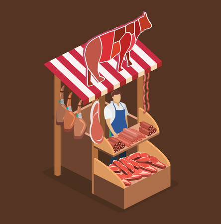 Isometric flat 3D isolated concept vector Butcher shop. The pieces of meat are sold on the show-windowのイラスト素材