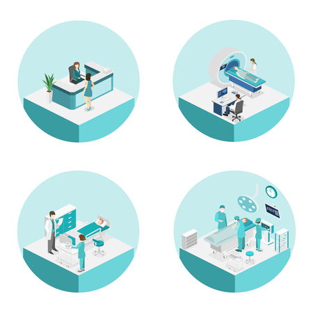 Isometric flat interior of hospital room, pharmacy, doctor's office, waiting room, reception, mri, operating. Doctors treating the patient. Flat 3D vector illustrationのイラスト素材