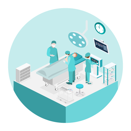 Isometric flat 3D concept vector interior of Surgery Department. Hospital Plastic Surgery Operating Theater Medical Doctor Surgeon and Patient Surgery Infographic.のイラスト素材