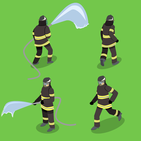 Isometric flat 3D isolated concept vector cutaway Firefighters in action.のイラスト素材