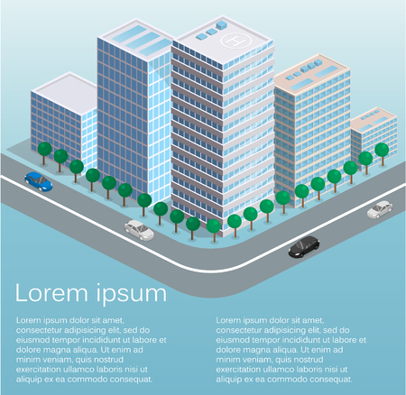 Isometric flat 3D isolated concept vector city three-dimensional summer town quarter. Skyscrapers, apartment, office, houses and streetsのイラスト素材