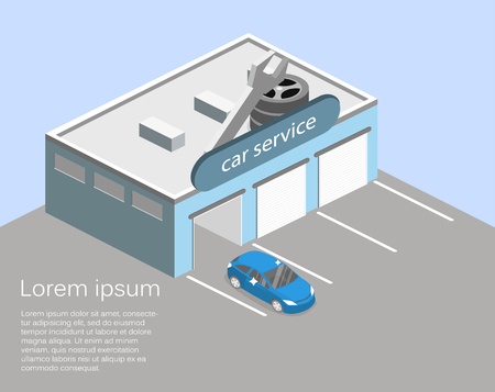Isometric flat 3D isolated concept Car service building or car repairのイラスト素材