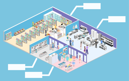 isometric interior shopping mall, grocery, computer, household, equipment store. Flat 3d vector illustrationのイラスト素材