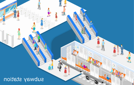 Isometric flat 3D concept vector interior of metro subway train carriage. underground stationのイラスト素材