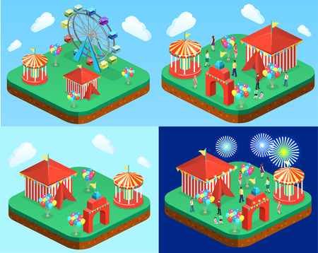 Isometric flat 3D isolated concept vector city banners with carousels. amusement parkのイラスト素材