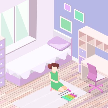 Isometric flat 3D cutaway interior Girls all pink bedroom interior.のイラスト素材