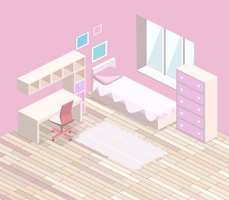 Isometric flat 3D cutaway interior Girls all pink bedroom interior.のイラスト素材