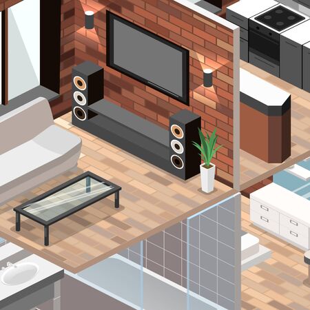flat 3D isolated concept vector cutaway interior Living room interiorのイラスト素材
