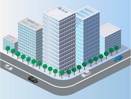 Isometric flat 3D isolated concept vector city three-dimensional summer town quarter.のイラスト素材