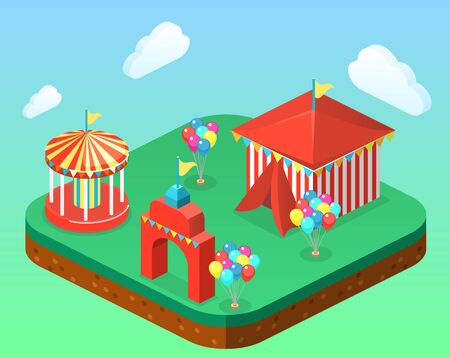 Isometric flat 3D vector city banners with carousels. amusement parkのイラスト素材
