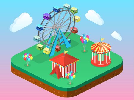 Isometric flat 3D vector city banners with carousels. amusement parkのイラスト素材