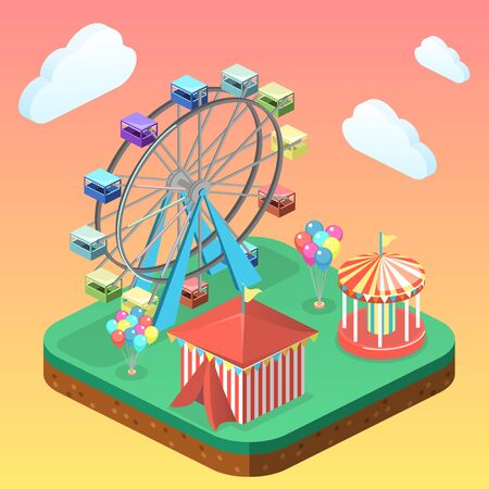 Isometric flat 3D vector city banners with carousels. amusement parkのイラスト素材