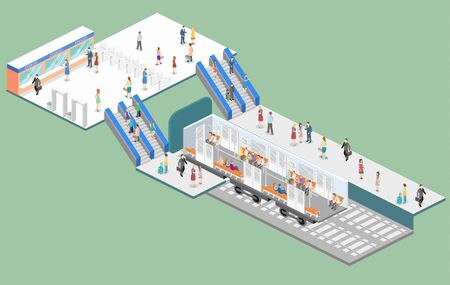 Isometric flat interior of metro subway train carriage. underground stationのイラスト素材
