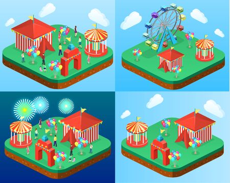 Isometric flat 3D vector city banners with carousels. amusement parkのイラスト素材