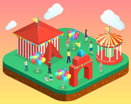 Isometric flat 3D vector city banners with carousels. amusement parkのイラスト素材