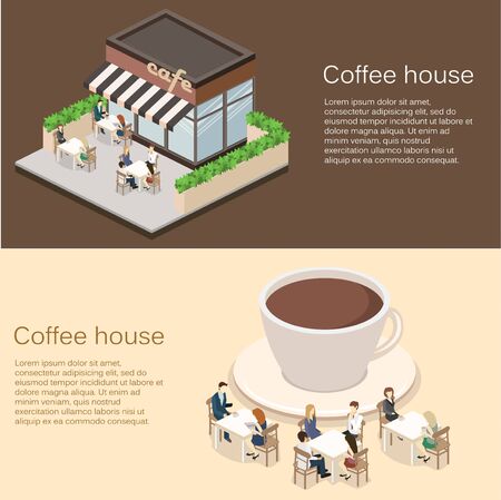 Isometric exterior of coffee shop or sweet-shop. People sit at the table and eating. Fence from plants. Flat 3D illustration. A large cup of coffee on the roof of the buildingのイラスト素材
