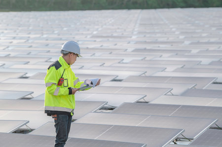 Photovoltaic plant worker using a tablet to check the solar panels.の写真素材