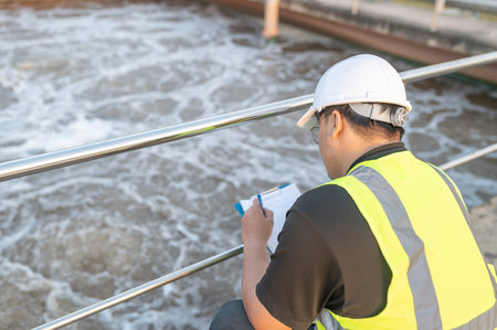 Environmental engineers work at wastewater treatment plants,Water supply engineering working at...