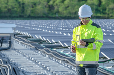Asian engineer working at Floating solar power plant,Renewable energy,Technician and investor solar...