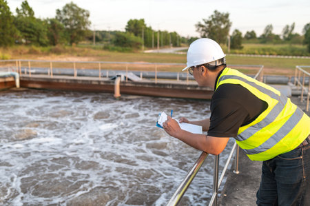 Environmental engineers work at wastewater treatment plants,Water supply engineering working at...