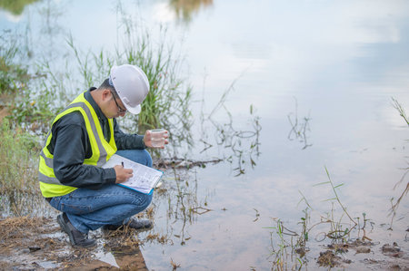 Environmental engineers inspect water quality,Bring water to the lab for testing,Check the mineral...