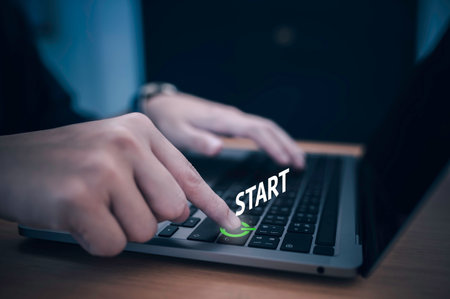 Businessman  use finger press start buttonの写真素材