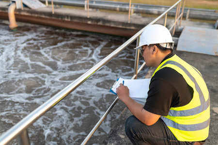 Environmental engineers work at wastewater treatment plants,Water supply engineering working at Water recycling plant for reuseの写真素材