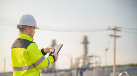 Asian man petrochemical engineer working at oil and gas refinery plant industry factory,The people worker man engineer work control at power plant energy industry manufacturingの写真素材