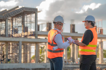 Two Asian engineer working at site of a large building project,Thailand people,Work overtime at...