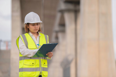 An Asian female engineer works at a motorway bridge construction site,Civil worker inspecting work...