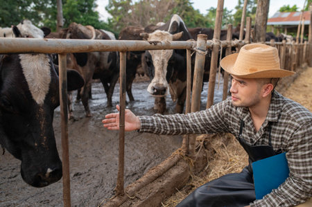 Asian farmer Work in a rural dairy farm outside the city,Young people with cowの写真素材