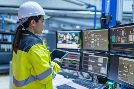Inside the large Industry Factory Female Computer Engineer Works on Personal Computer She coding program for control machine,Thailand people work on fours monitors,Programmer working with seriousの写真素材