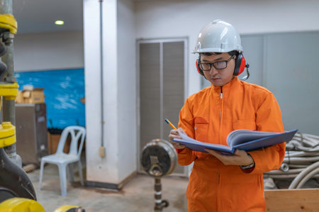 Maintenance technician at a heating plant,Engineers put hearing protector At room with many pipesの写真素材