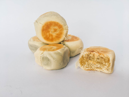 Bakpia cake, indonesian chinese traditional cake from Yogyakarta isolated on white background. bakpia pathok or sweet rollsの写真素材