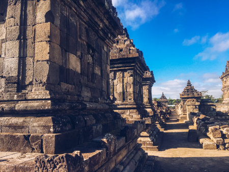 Many small Temple in Plaosan Complex temple with blue sky and sunny sun background. One of the javanese Buddhist temples located in Prambanan, Klaten, Central Java, Indonesia.の素材 [FY310175362544]