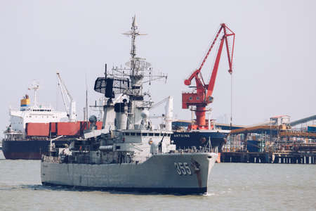 The Indonesian Navy sail KRI KRI ABDUL HALIM PERDANAKUSUMA 355 frigate Battleship in Madura strait...