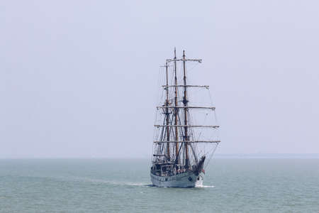 The Indonesian Navy sail training vessel KRI Dewaruci in the middle of javanesse ocean, north Madura, Indonesia. Surabaya, Indonesia - April, 2019のeditorial素材